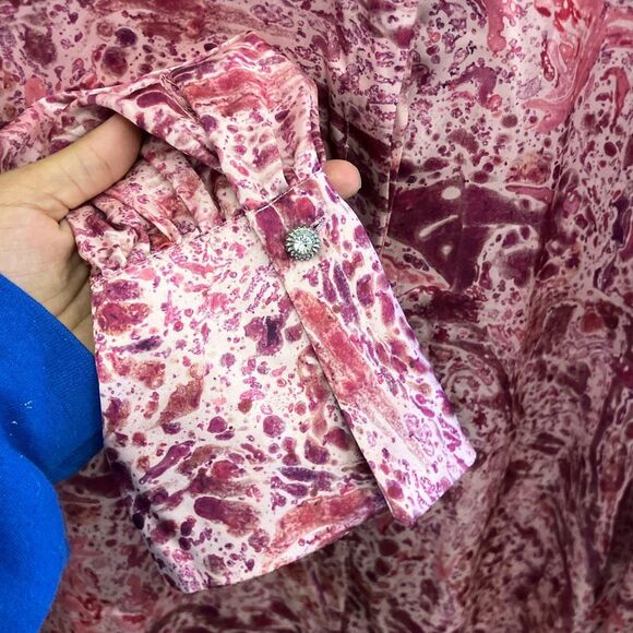 Zara pink satin abstract print button-down blouse with bishop sleeves Large 740 - Picture 6 of 9